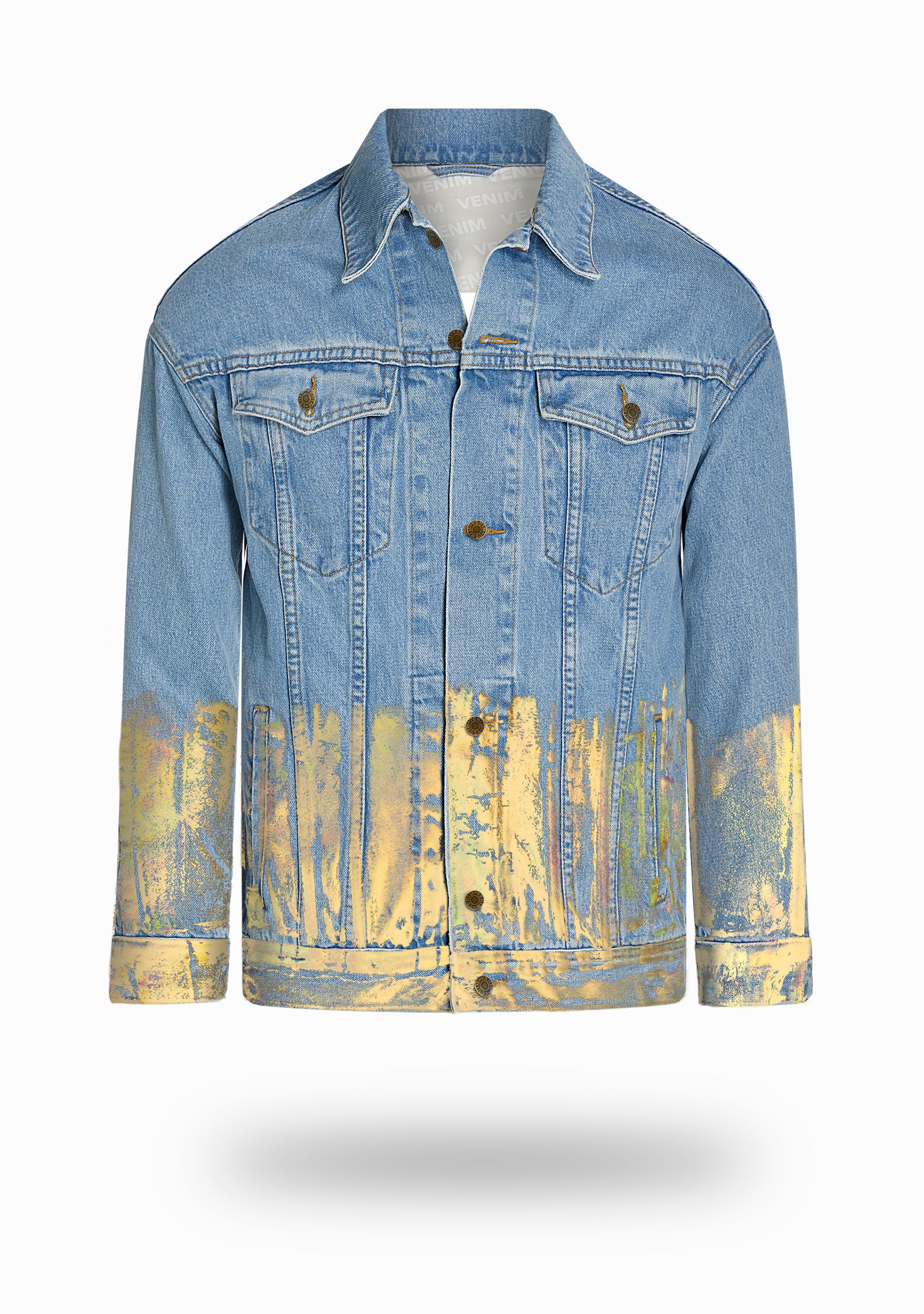 Light Wash Denim Jacket with Gold Holographic Foil | VENIM Denim